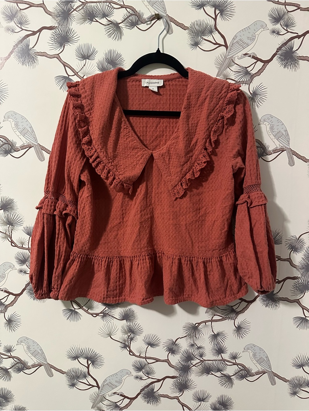 Calligraphie Textured Ruffle Collar Blouse in Rust
